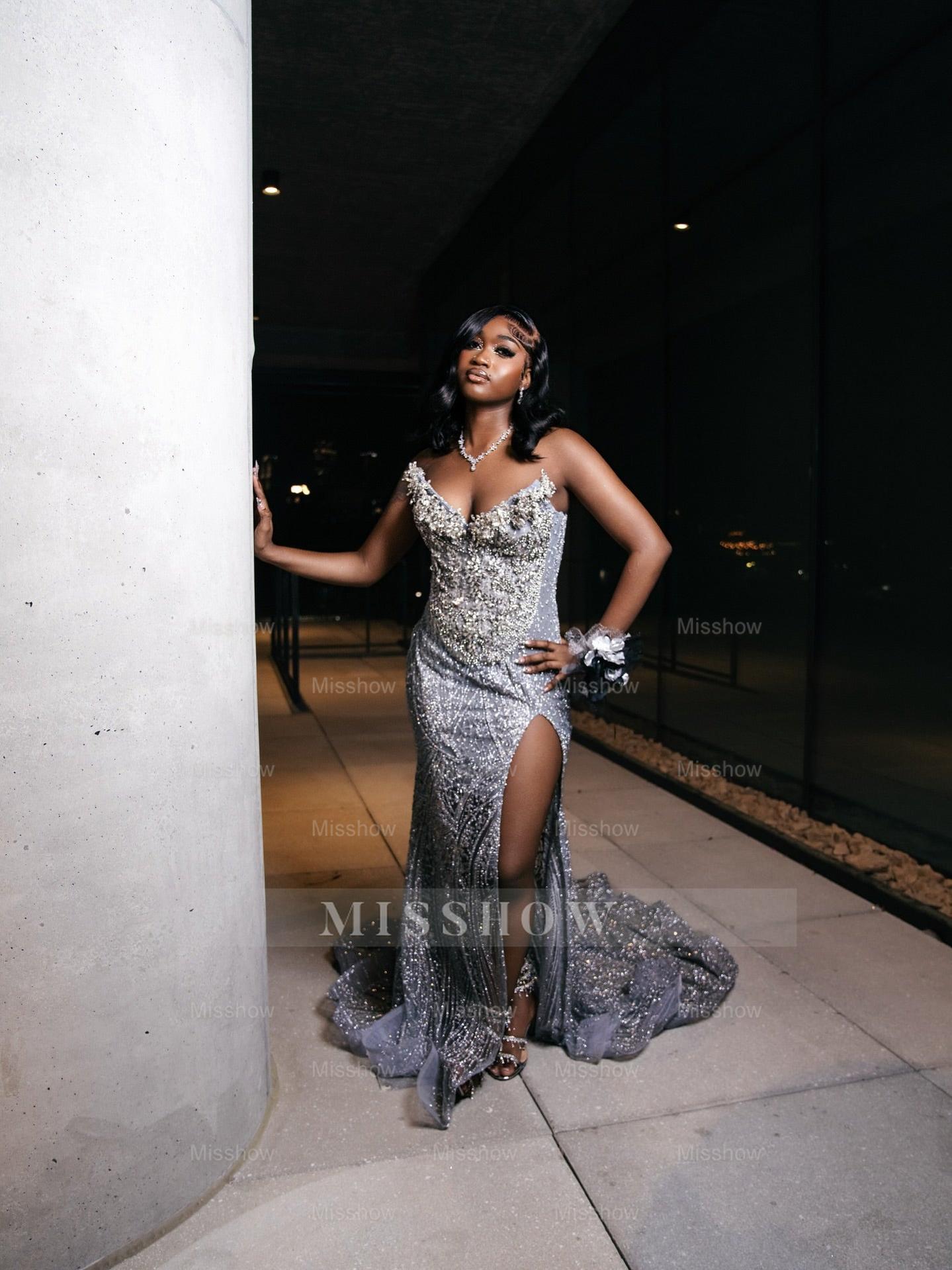 Silver Sequin Mermaid Prom Dress Strapless Sweetheart 3D Floral Beaded High Slit Evening Gown with Sweep Train