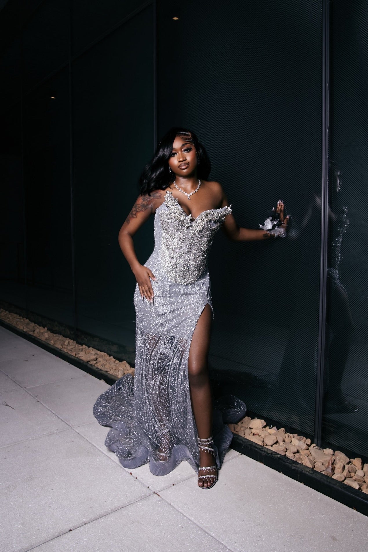 Silver Sequin Mermaid Prom Dress Strapless Sweetheart 3D Floral High Slit Gown