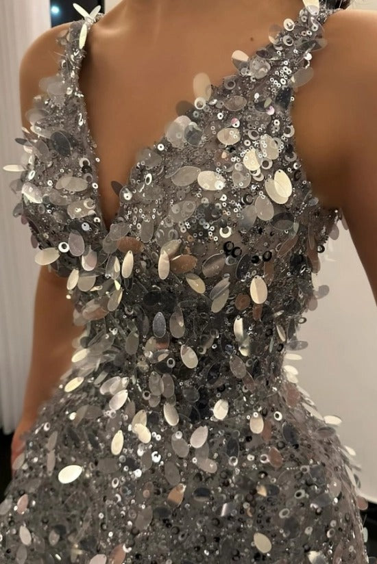 Silver Sequined A-line Evening Dress V-neck Sleeveless Sparkling Paillette Formal Gown