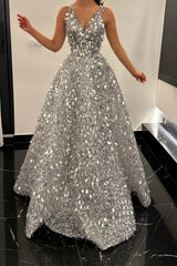 Silver Sequined A-line Evening Dress V-neck Sleeveless Sparkling Paillette Formal Gown
