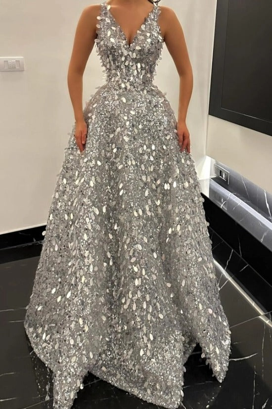 Silver Sequined A-line Evening Dress V-neck Sleeveless Sparkling Paillette Formal Gown