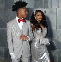 Silver Strapless Prom Dress Corset Beaded Mermaid Gown with High Slit