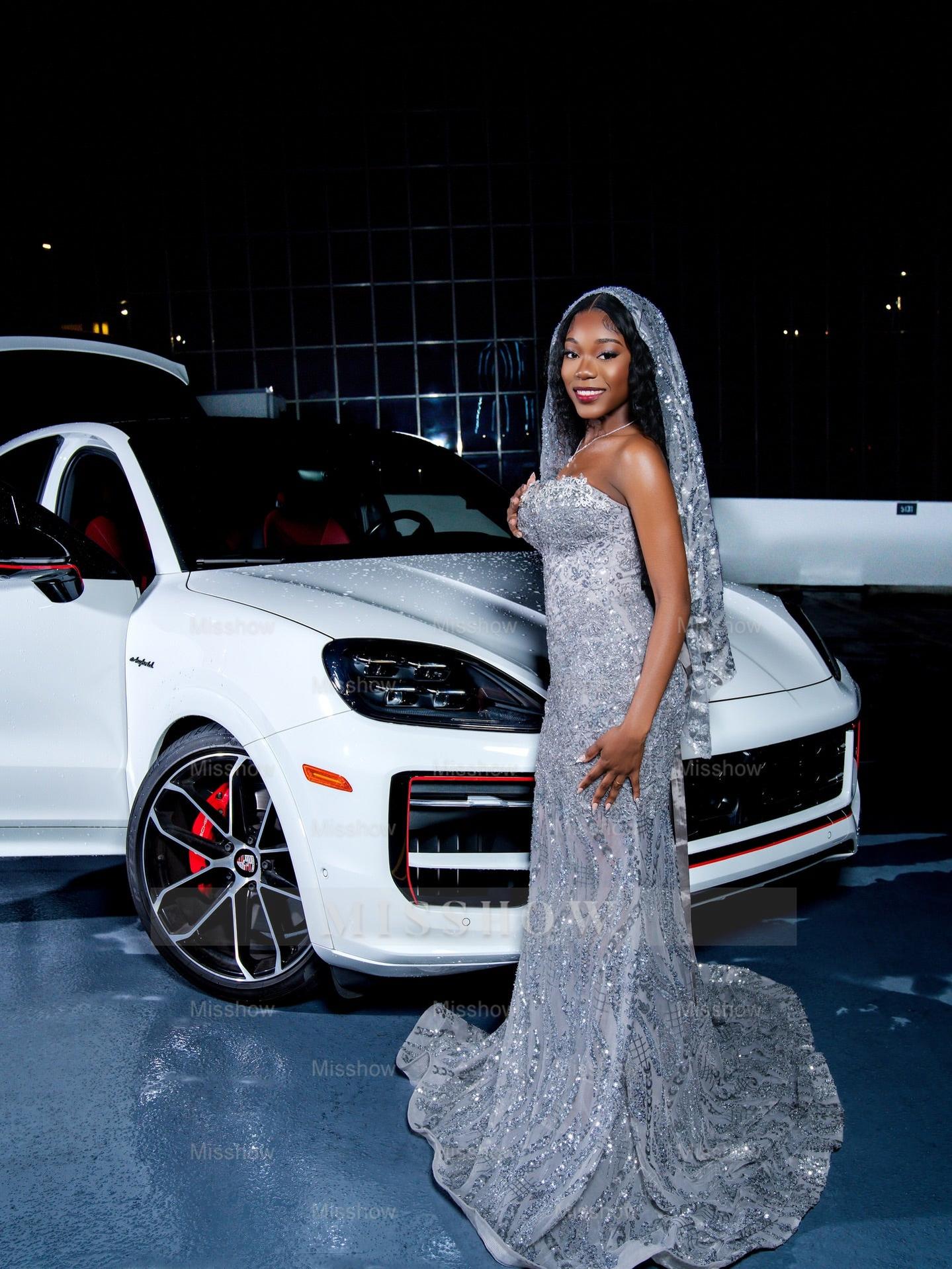 Silver Strapless Prom Dress Sequin Mermaid Gown with Veil and Beads