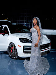 Silver Strapless Prom Dress Sequin Mermaid Gown with Veil and Beads