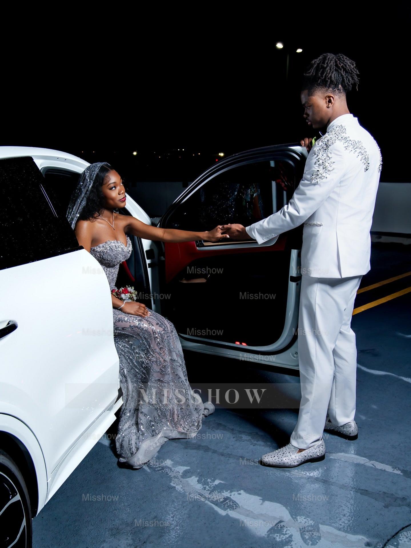 Silver Strapless Prom Dress Sequin Mermaid Gown with Veil and Beads