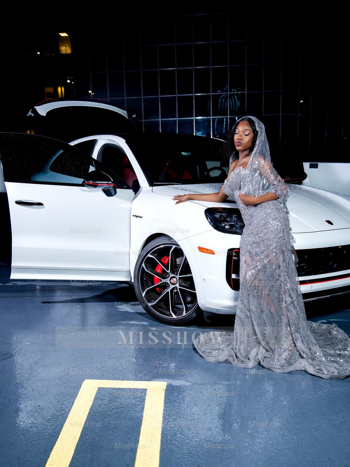 Silver Strapless Prom Dress Sequin Mermaid Gown with Veil and Beads