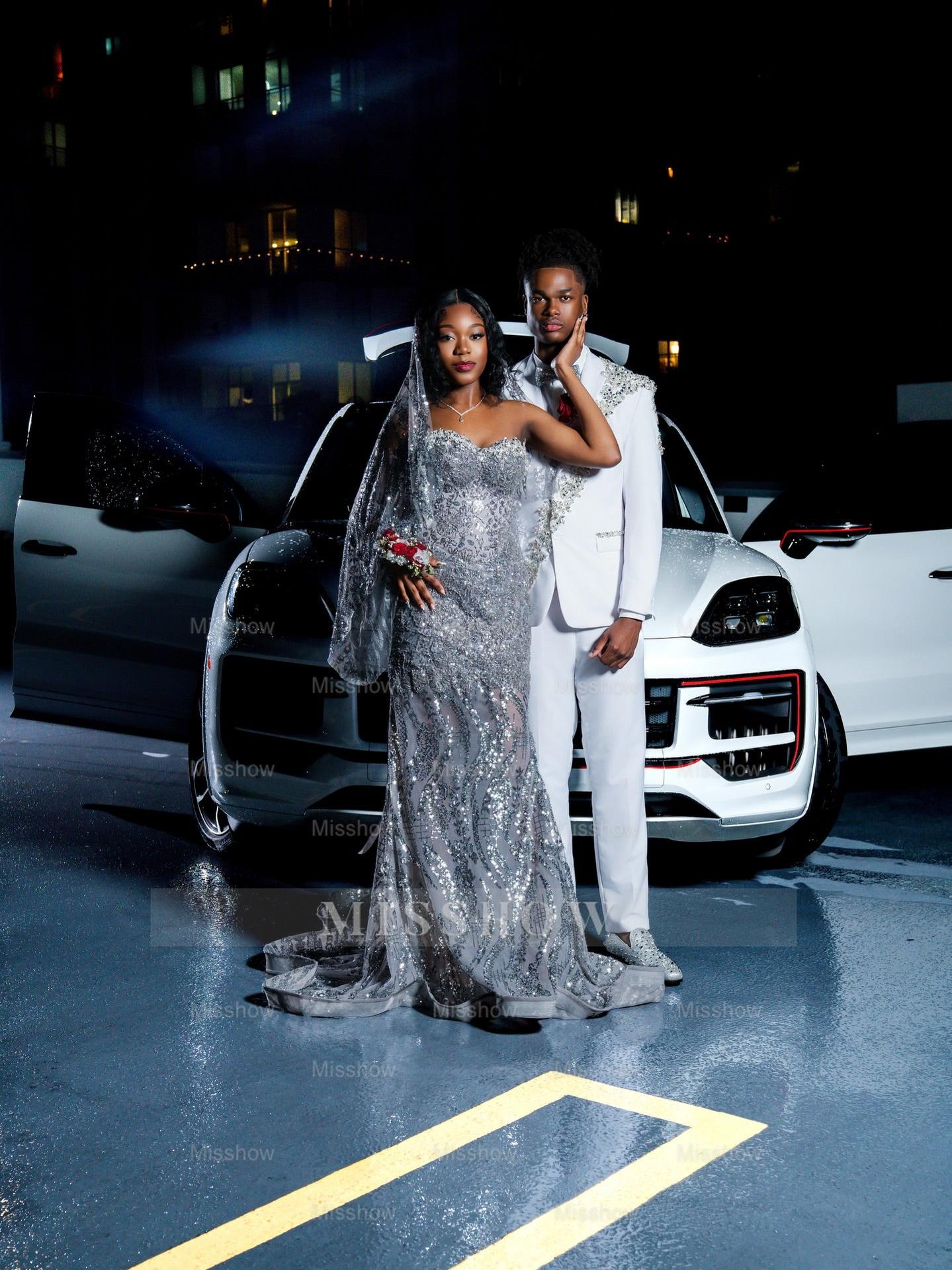 Silver Strapless Prom Dress Sequin Mermaid Gown with Veil and Beads