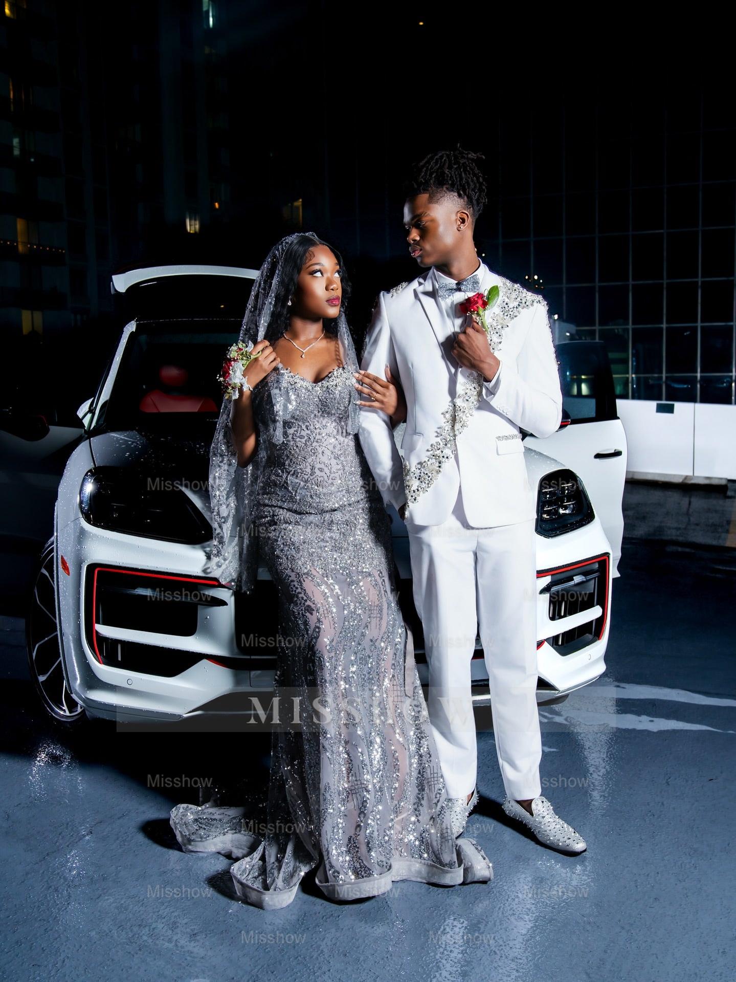 Silver Strapless Prom Dress Sequin Mermaid Gown with Veil and Beads