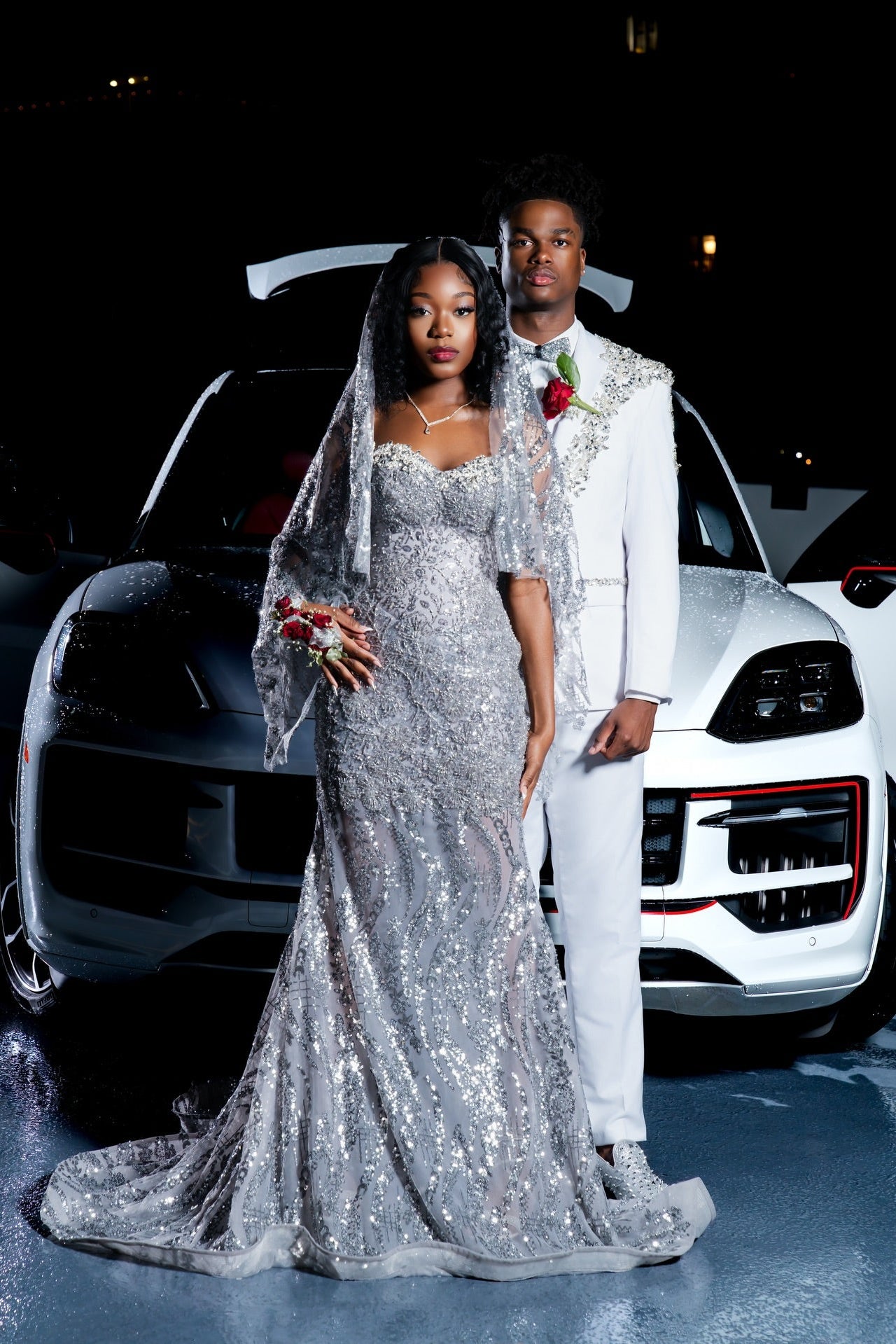 Silver Strapless Prom Dress Sequin Mermaid Gown with Veil and Beads