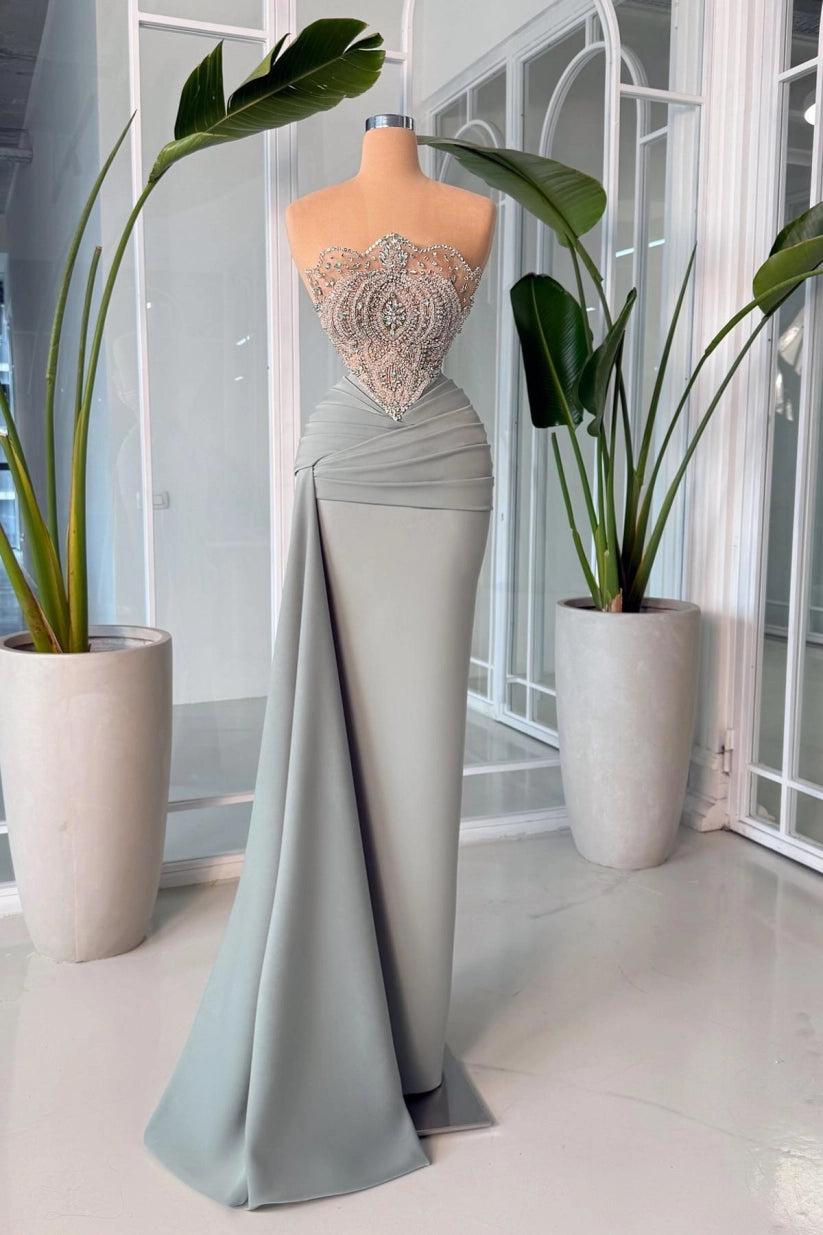 Grey strapless beaded column evening dress