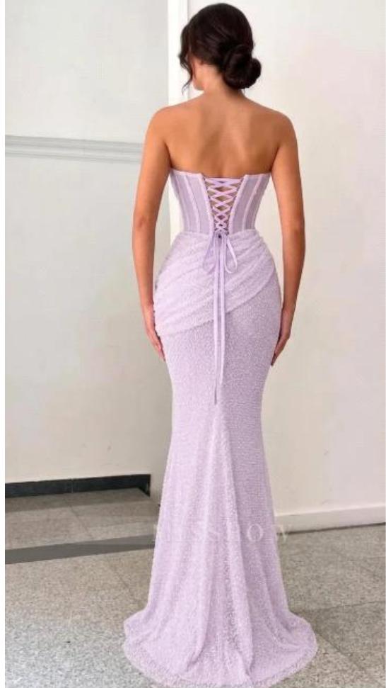 Silver Strapless Sleeveless Sequined Mermaid Ruffled Floor Length Formal Evening Gown