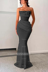 Silver Strapless Sleeveless Sequined Mermaid Ruffled Floor Length Formal Evening Gown