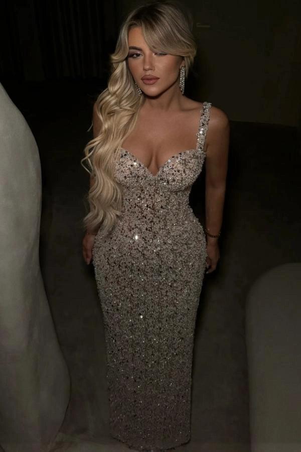Silver Sweetheart Sleeveless Beaded Sequined Bodycon Floor Length Formal Evening Gown