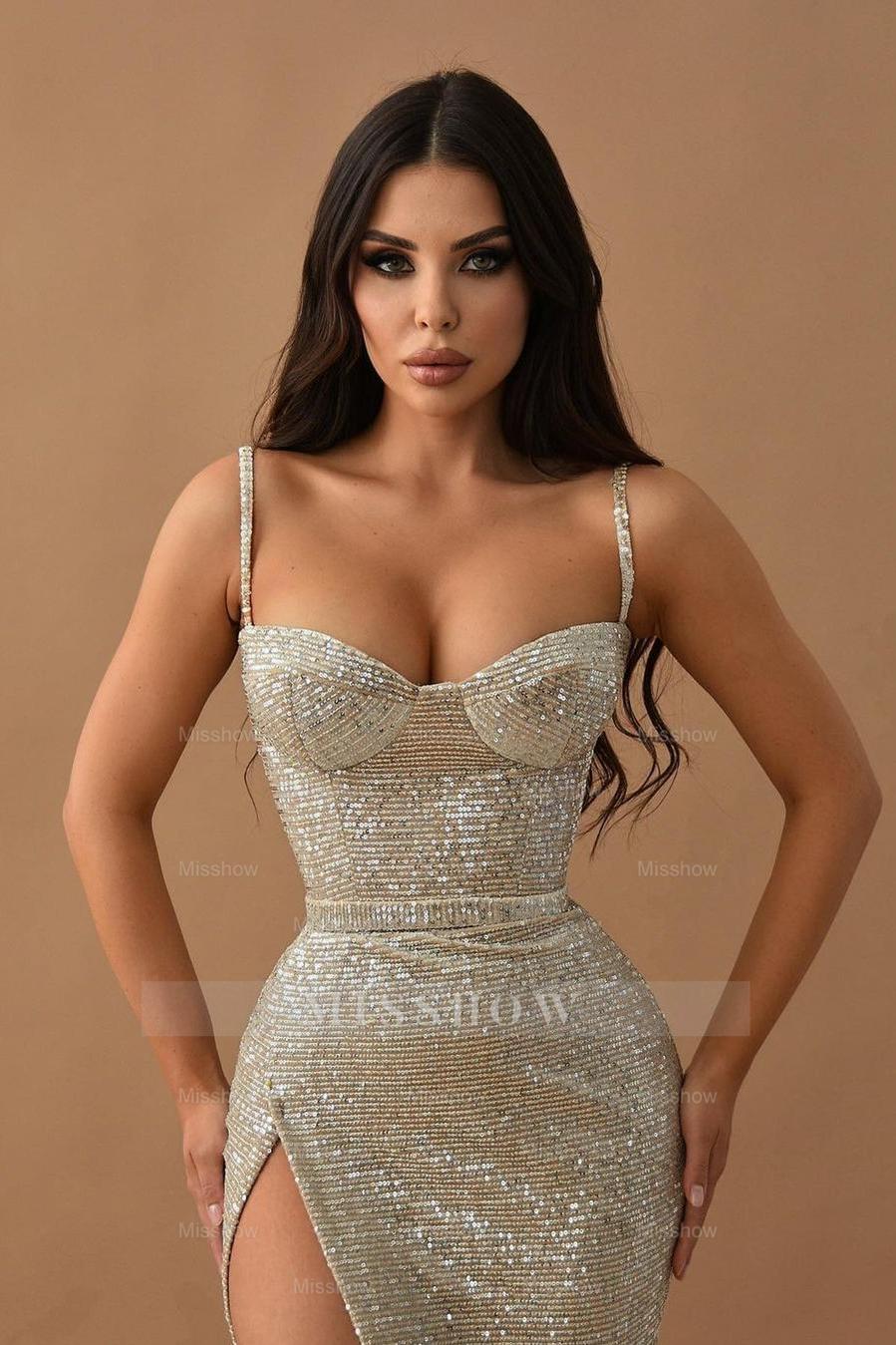 Silver Sweetheart Spaghetti Straps Sequined Mermaid High Split Formal Evening Gown