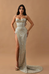 Silver Sweetheart Spaghetti Straps Sequined Mermaid High Split Formal Evening Gown