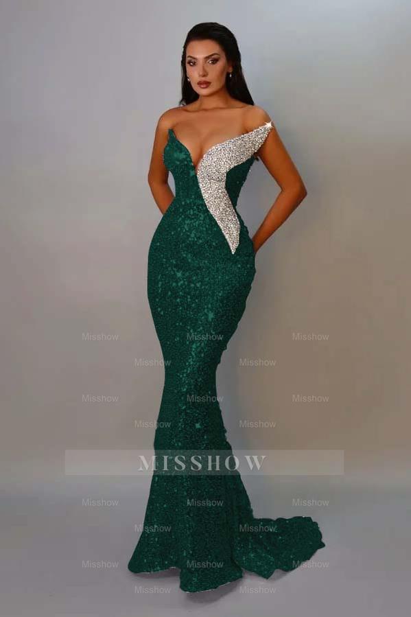 Emerald green v-neck sequin mermaid evening dress
