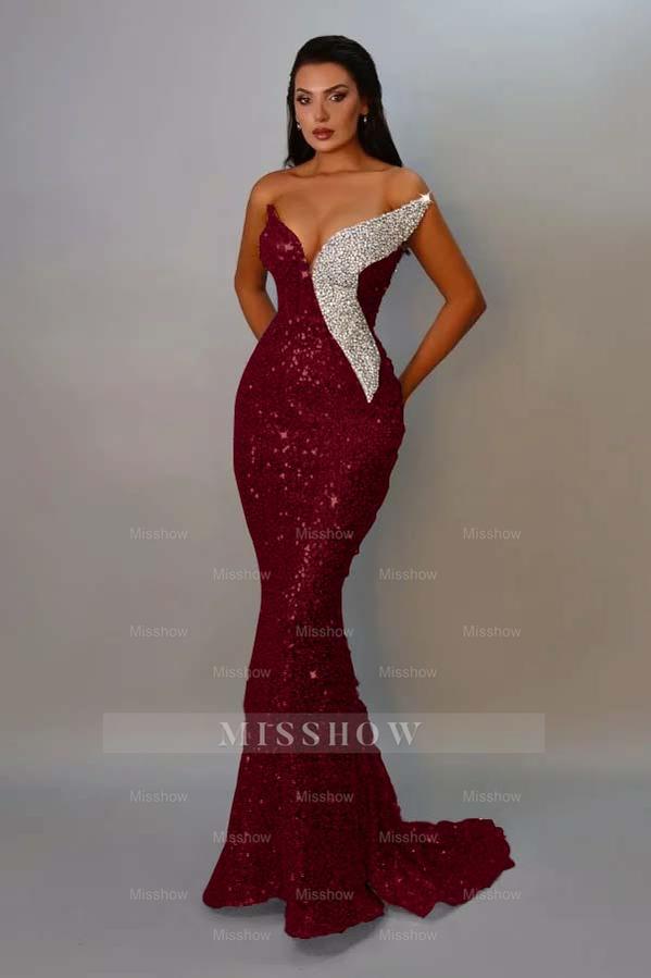 Burgundy v-neck sequin mermaid evening dress