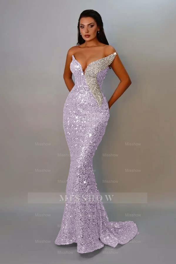 Lilac v-neck sequin mermaid evening dress