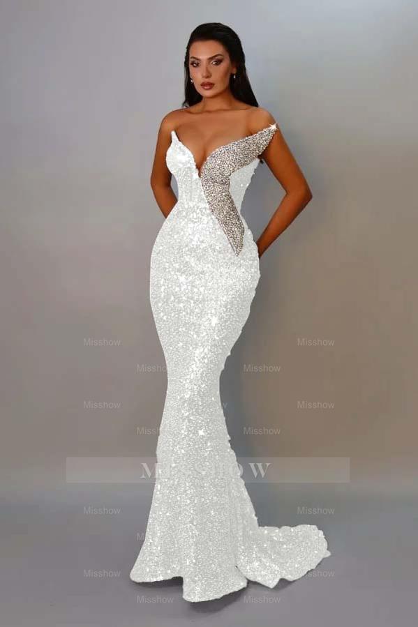 White v-neck sequin mermaid evening dress