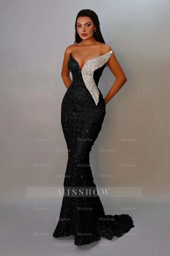 Black v-neck sequin mermaid evening dress