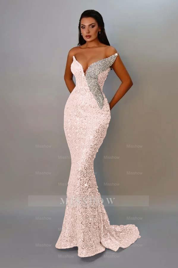 Light pink v-neck sequin mermaid evening dress
