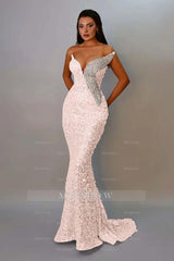 Light pink v-neck sequin mermaid evening dress