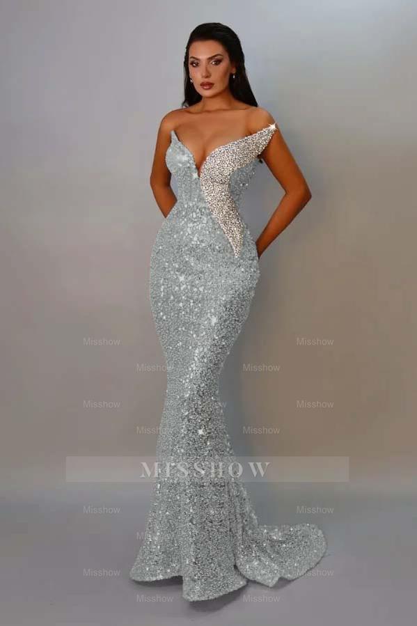 Champagne v-neck sequin mermaid evening dress