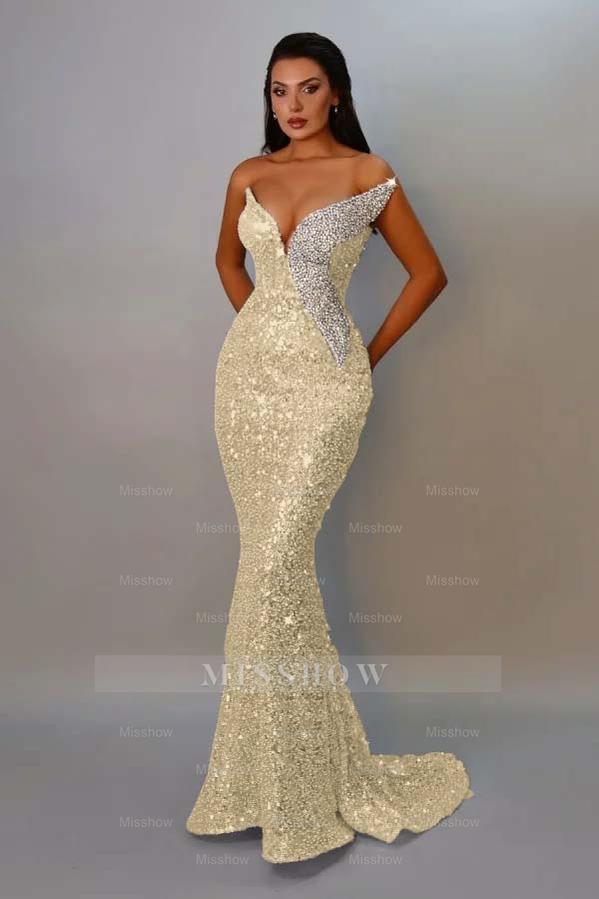 Champagne v-neck sequin mermaid evening dress