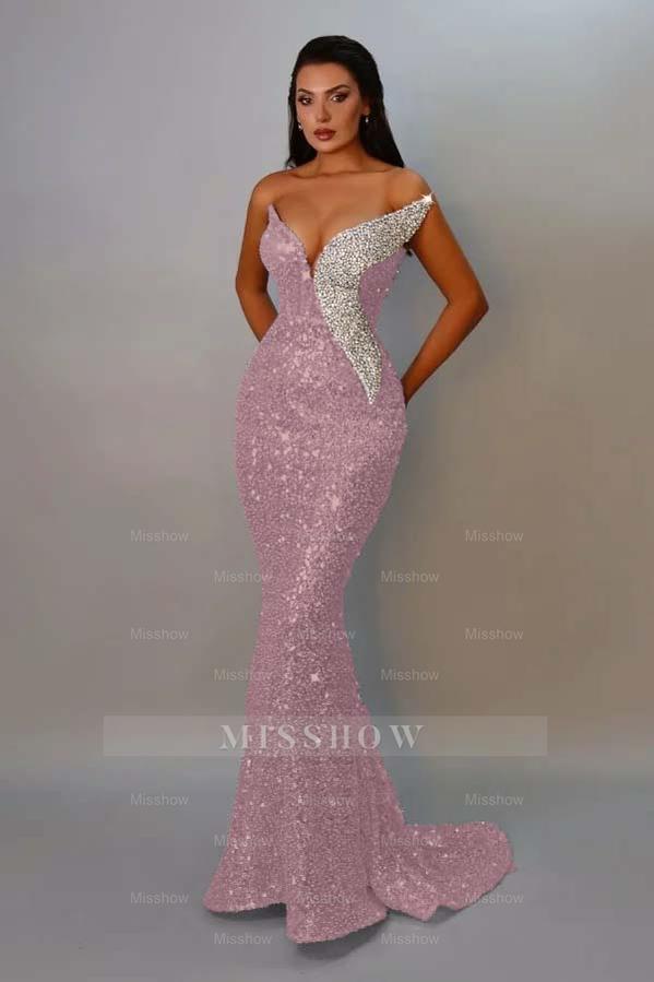 Dusty pink v-neck sequin mermaid evening dress