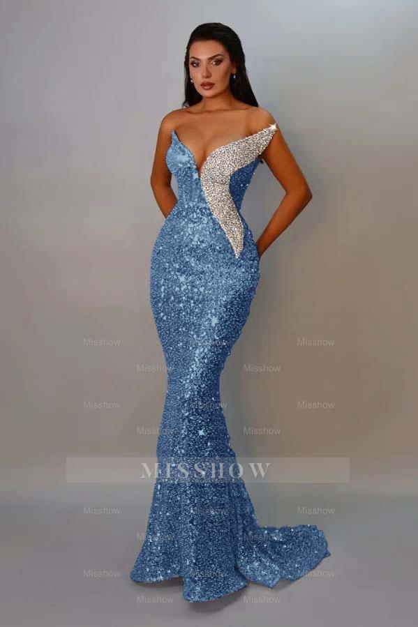 Dusty blue v-neck sequin mermaid evening dress