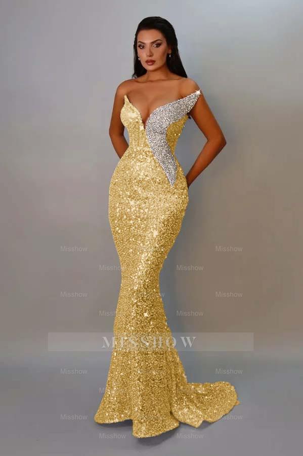 Gold v-neck sequin mermaid evening dress