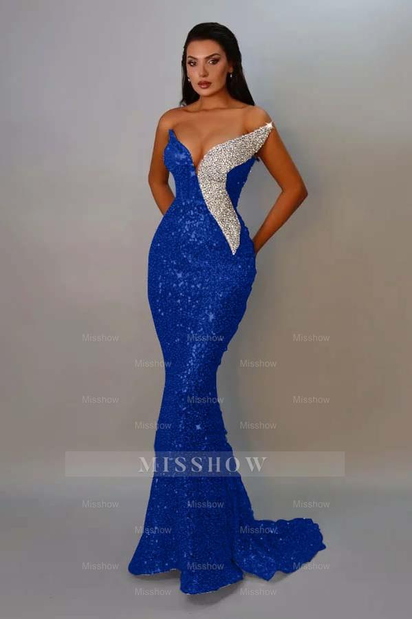 Royal blue v-neck sequin mermaid evening dress
