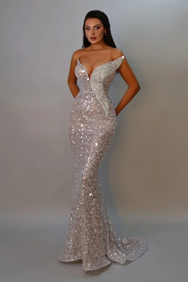 Silver v-neck sequin mermaid evening dress