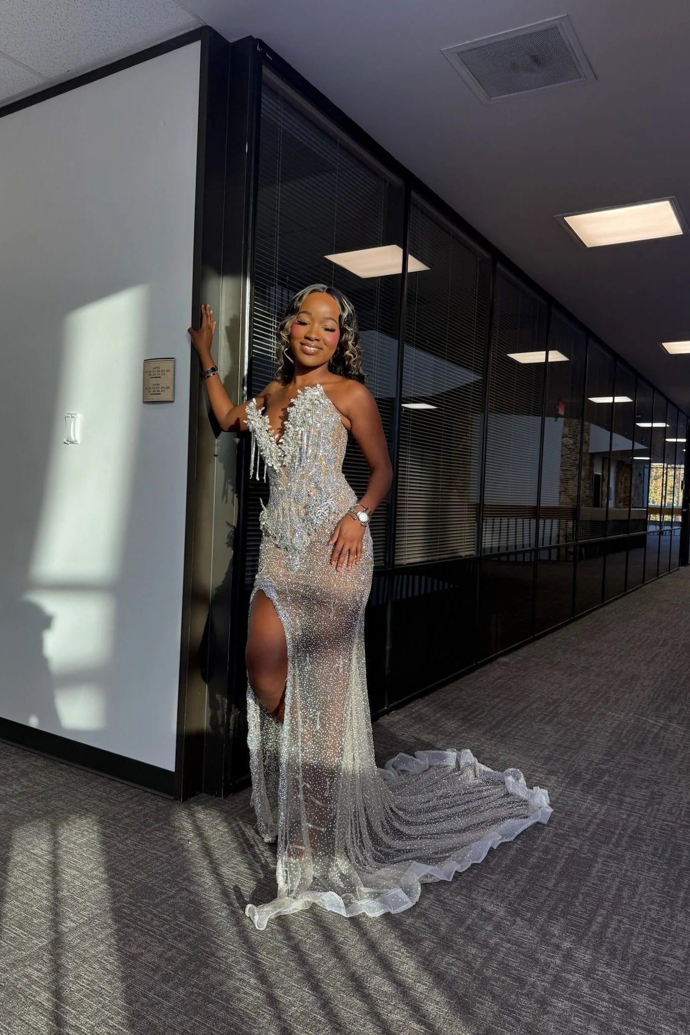 Silver White Mermaid Prom Dress Deep V Neck Spaghetti Straps 3D Floral Applique Crystal Fringe Tassel Sheer Rhinestone Beaded Split Front Cathedral Train Gown