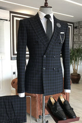 Simple Black Double-Breasted Peaked Lapel Business Suit with Gray Plaid