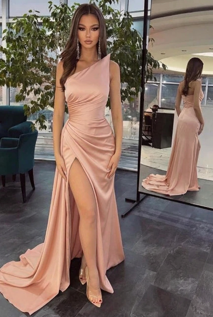 Pearl pink one shoulder ruffled mermaid prom dress