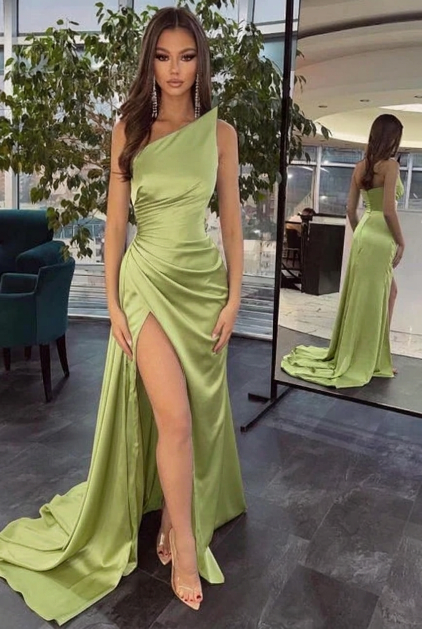 Sage one shoulder ruffled mermaid prom dress