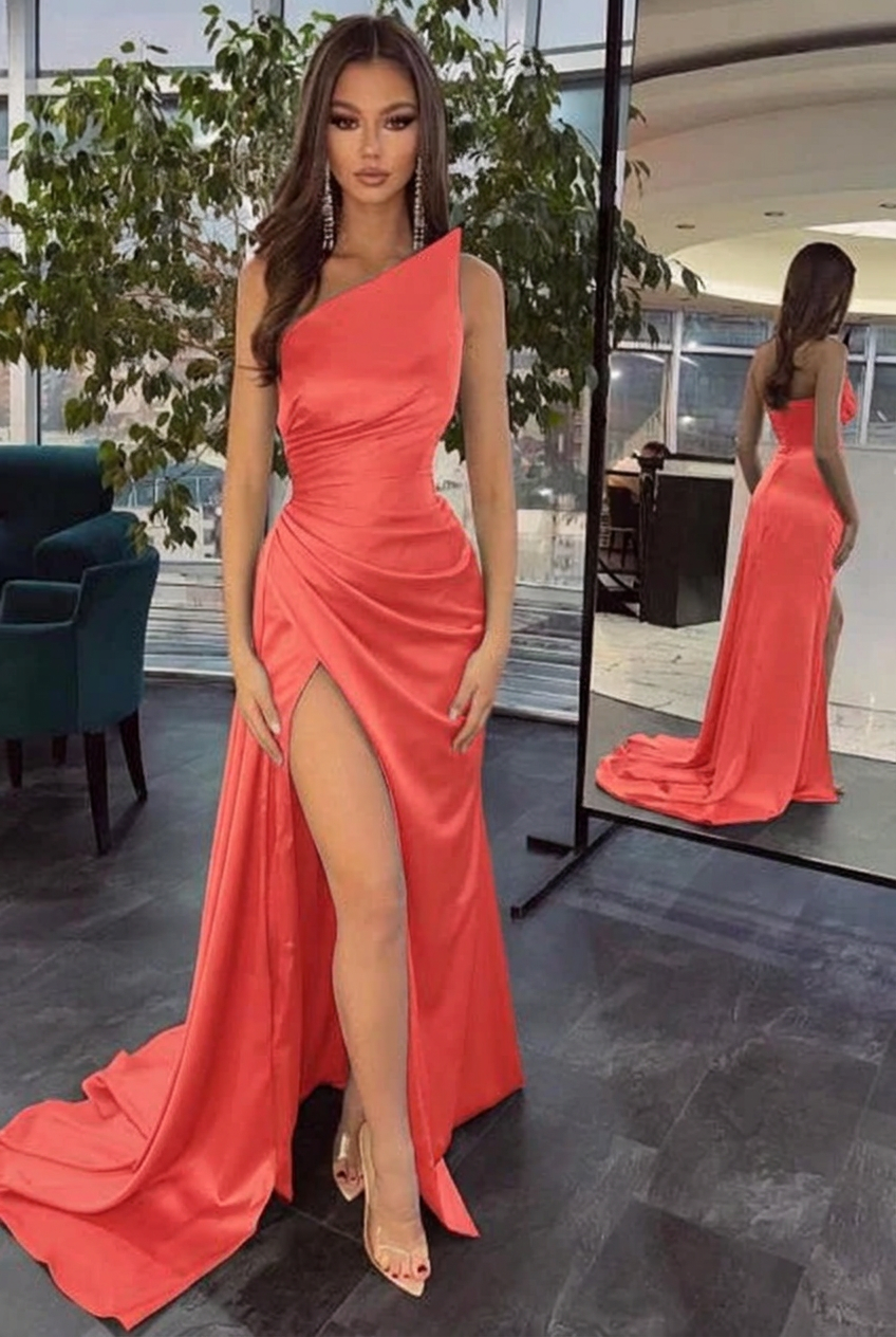 Coral one shoulder ruffled mermaid prom dress