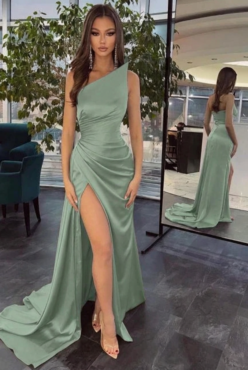Dusty sage one shoulder ruffled mermaid prom dress