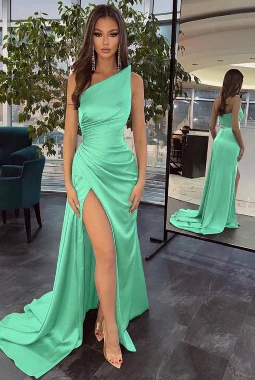 Mint green one shoulder ruffled mermaid prom dress