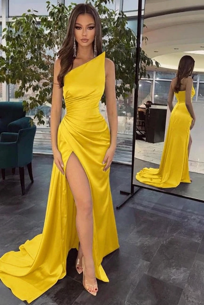 Yellow one shoulder ruffled mermaid prom dress