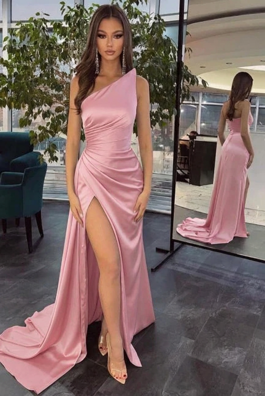 Candy pink one shoulder ruffled mermaid prom dress