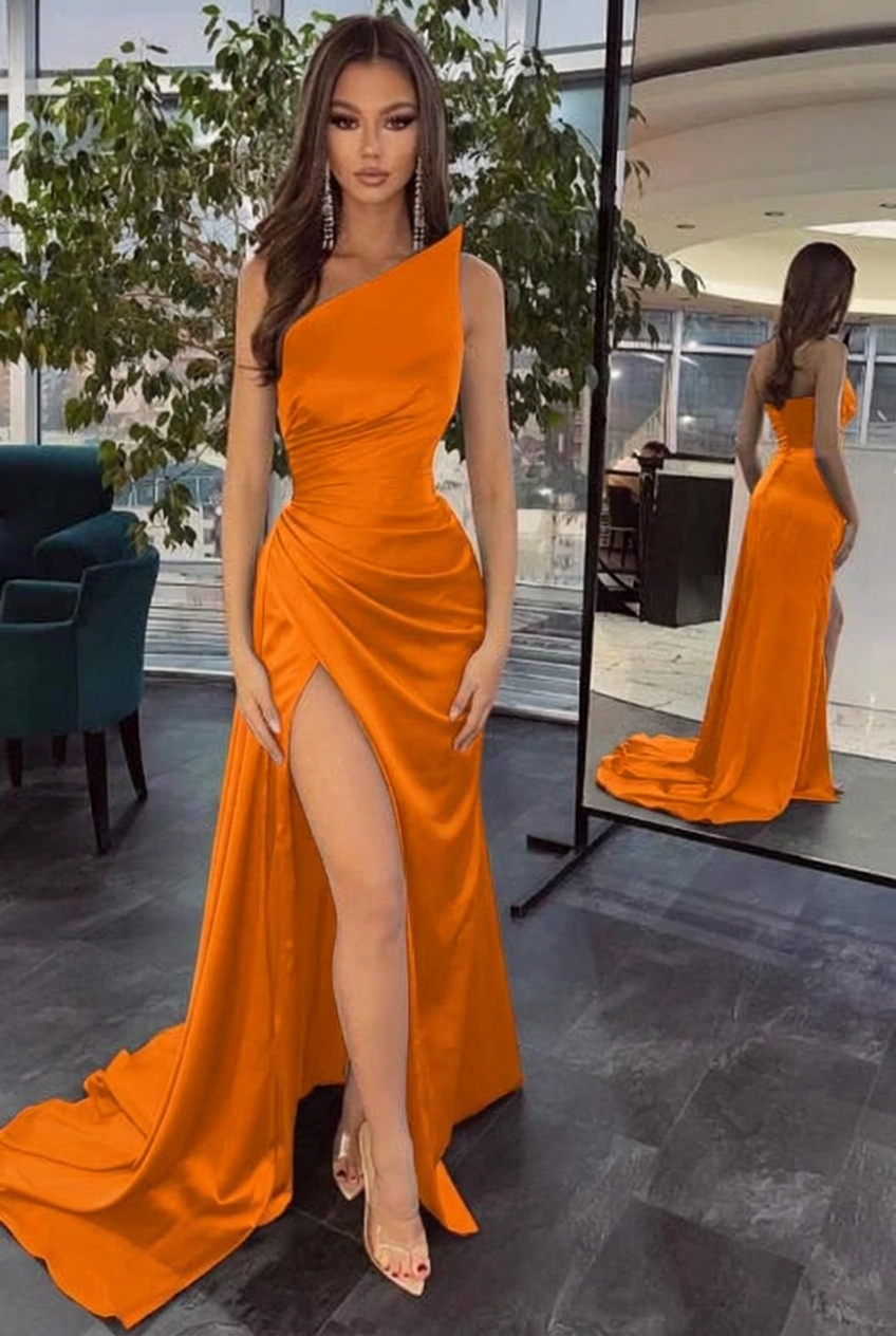 Orange one shoulder ruffled mermaid prom dress