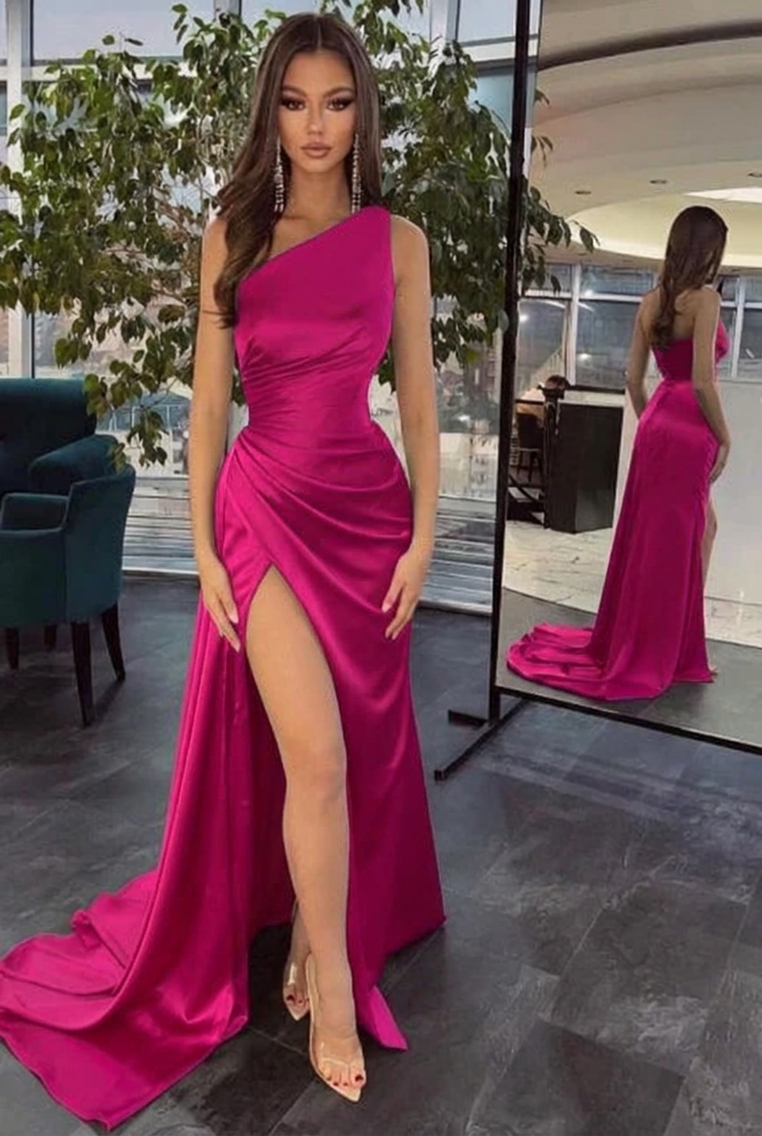 Fuchsia one shoulder ruffled mermaid prom dress