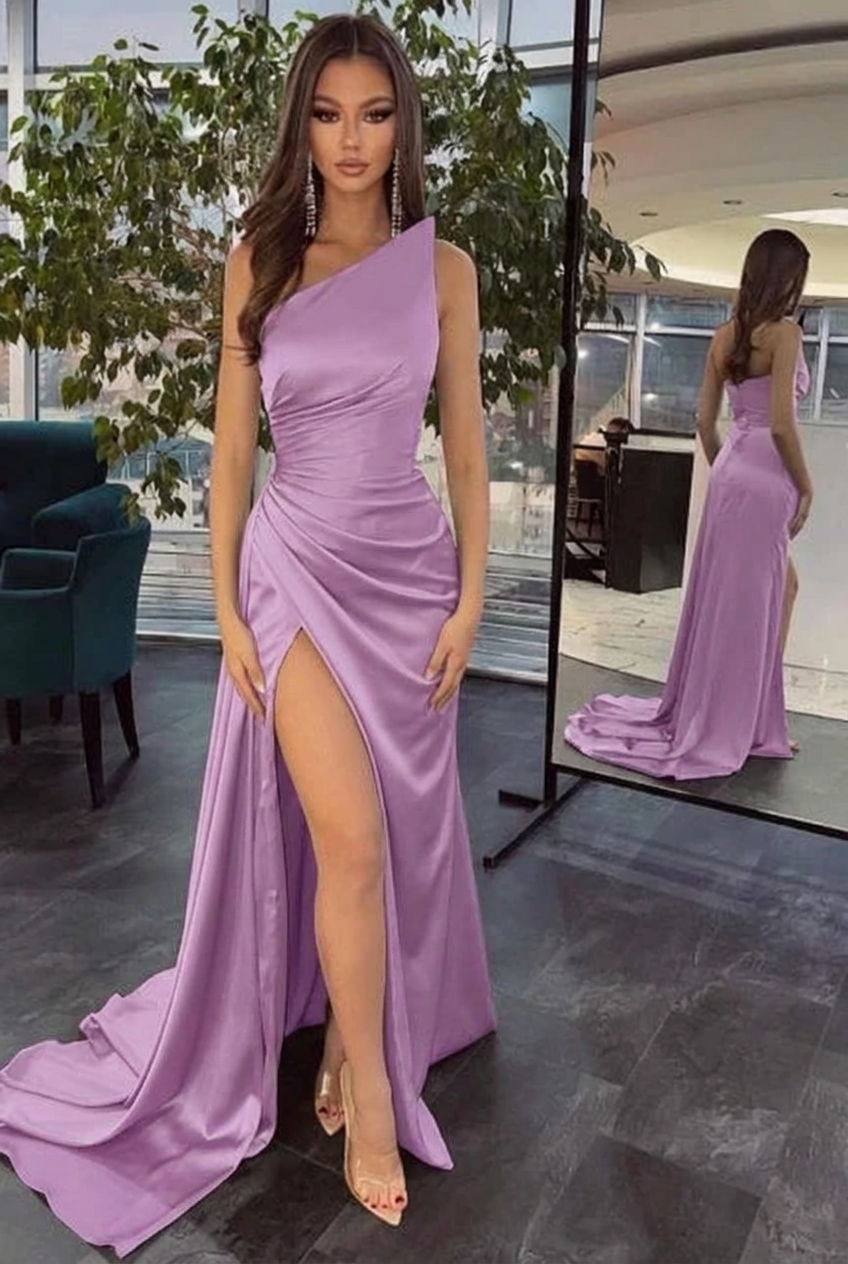 Lilac one shoulder ruffled mermaid prom dress