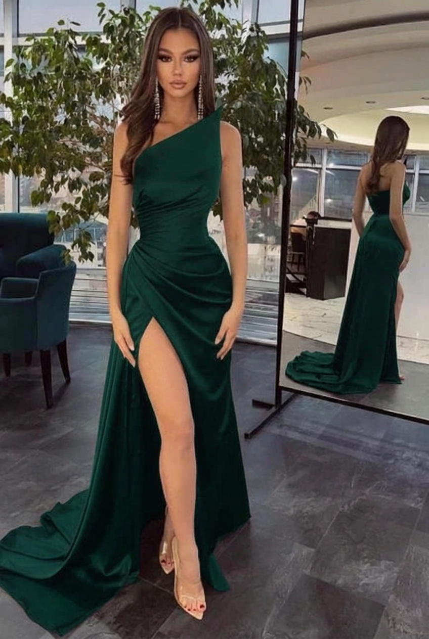 Dark green one shoulder ruffled mermaid prom dress