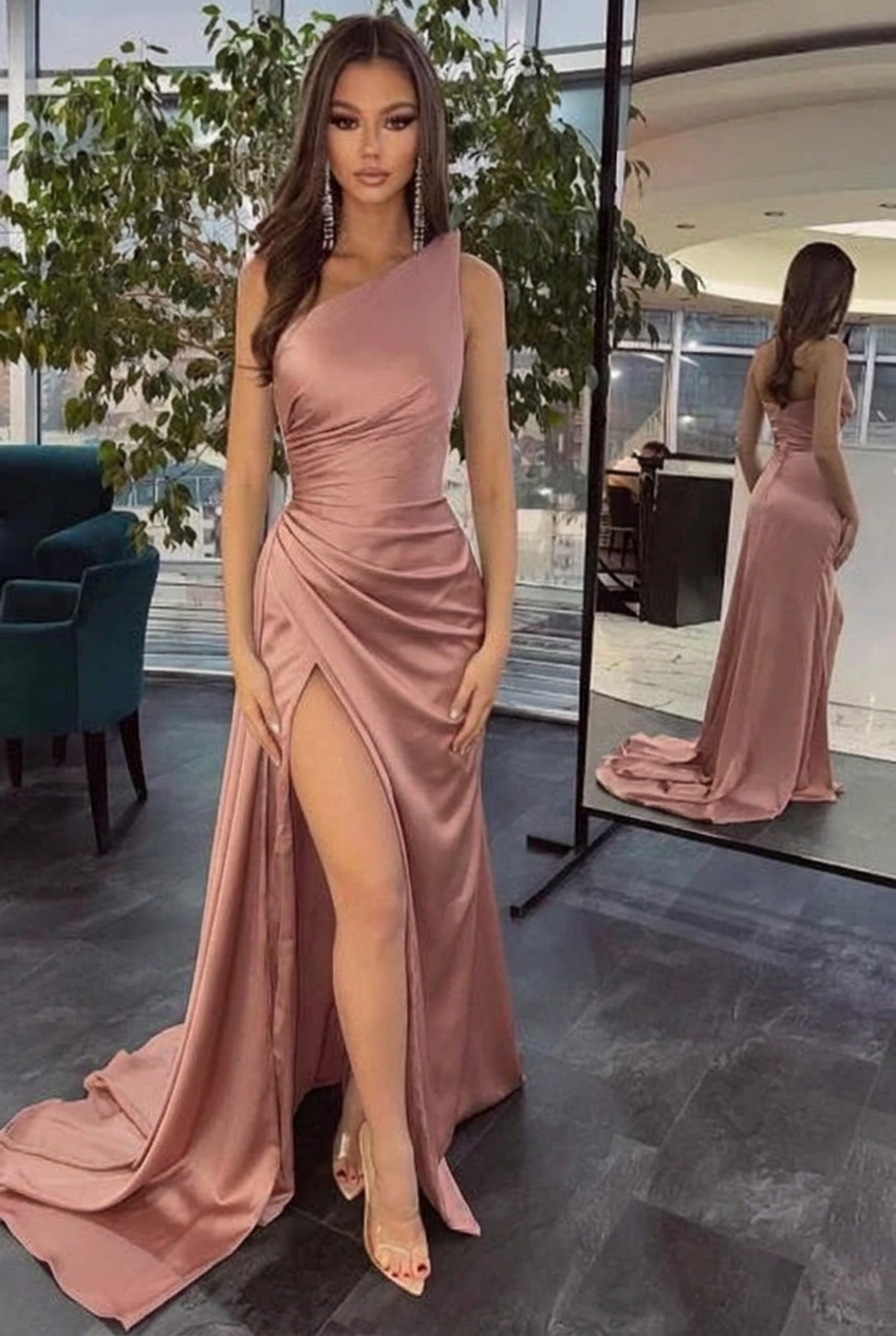 Dusty rose one shoulder ruffled mermaid prom dress