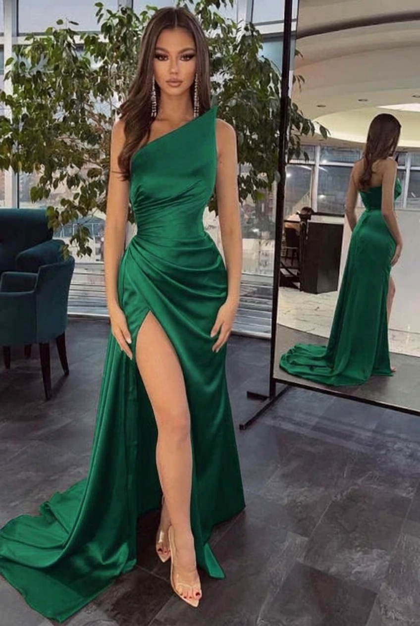 Emerald green one shoulder ruffled mermaid prom dress