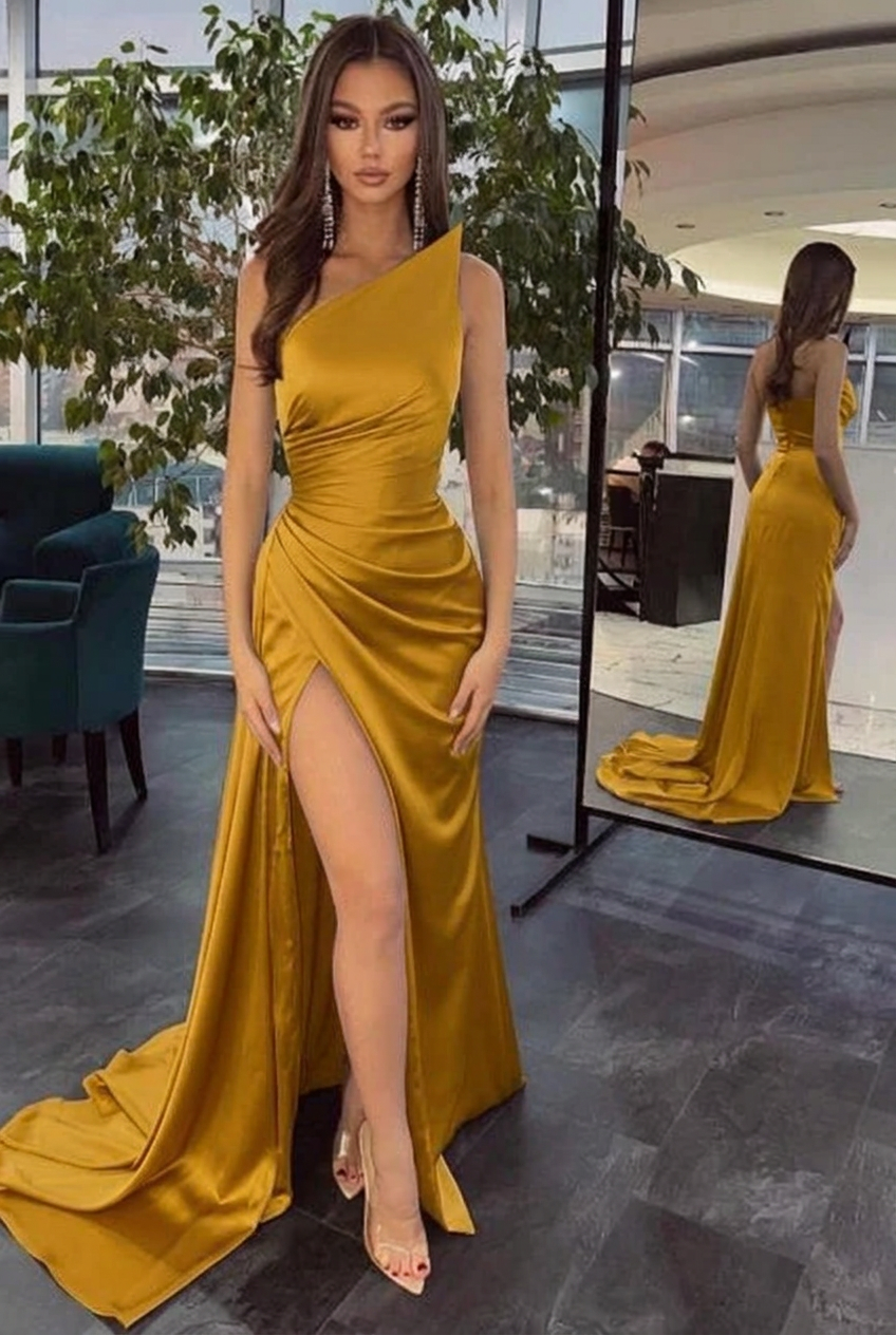 Gold one shoulder ruffled mermaid prom dress