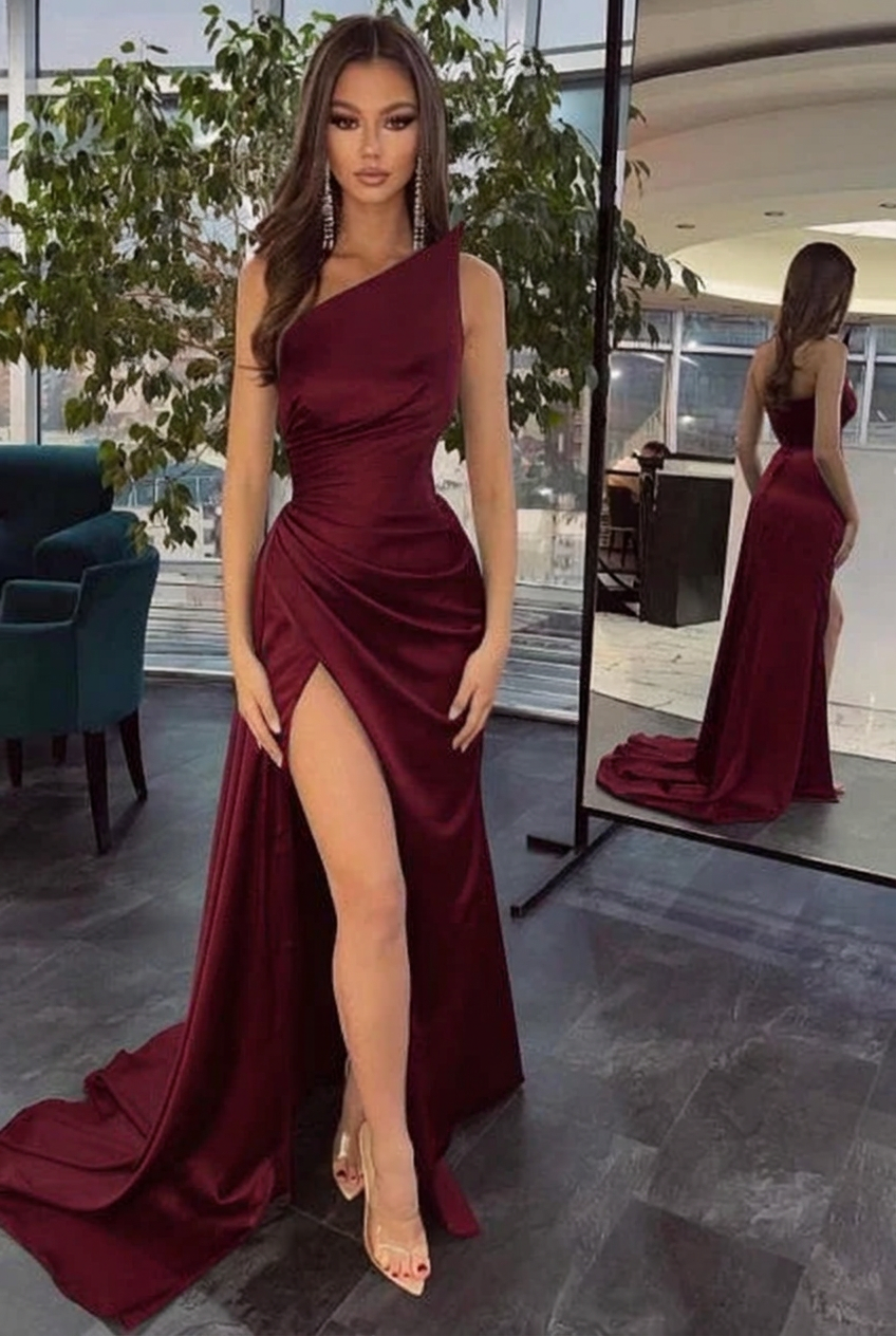 Burgundy one shoulder ruffled mermaid prom dress